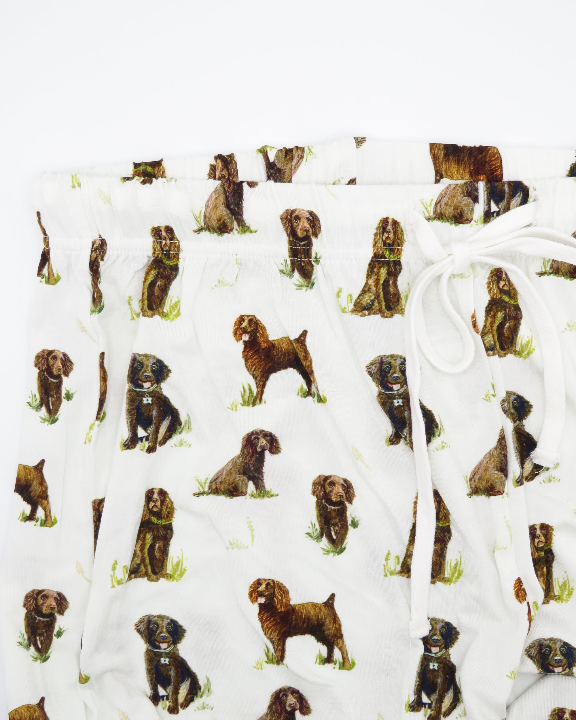 Beaufort Boykins unisex adult pajama pants printed on soft white fabric, made from a soft bamboo/spandex blend—perfect for sleepwear or loungewear.