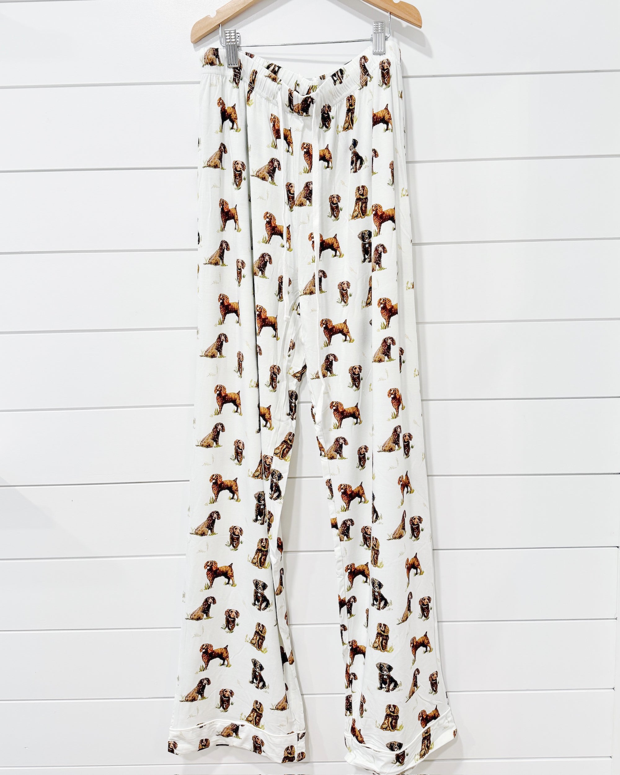 Beaufort Boykins unisex adult pajama pants printed on soft white fabric, made from a soft bamboo/spandex blend—perfect for sleepwear or loungewear.