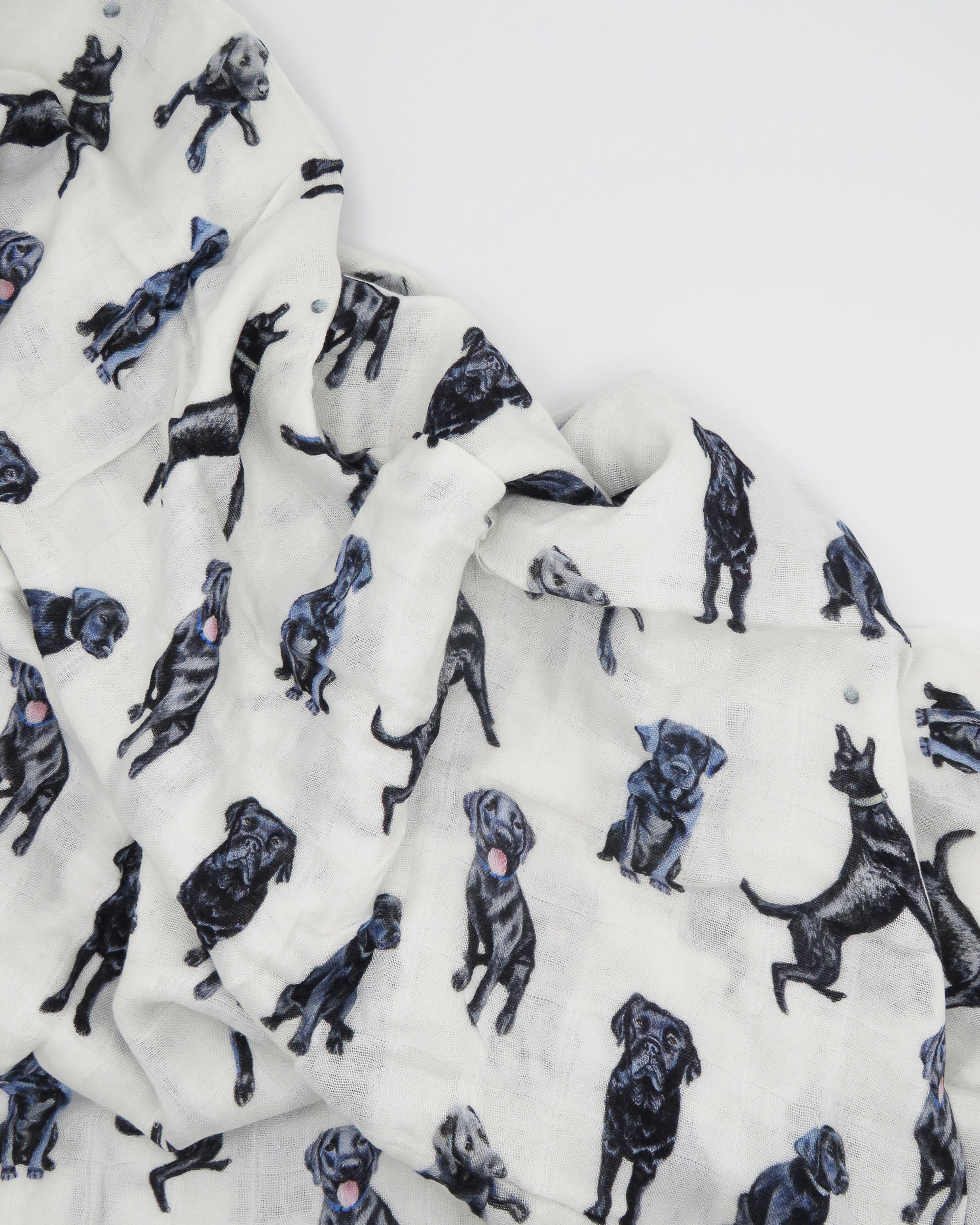 Black Labs print swaddle blanket for babies printed on soft white fabric, featuring a hand-painted Black Lab design on a soft organic cotton and bamboo swaddle, perfect for newborns