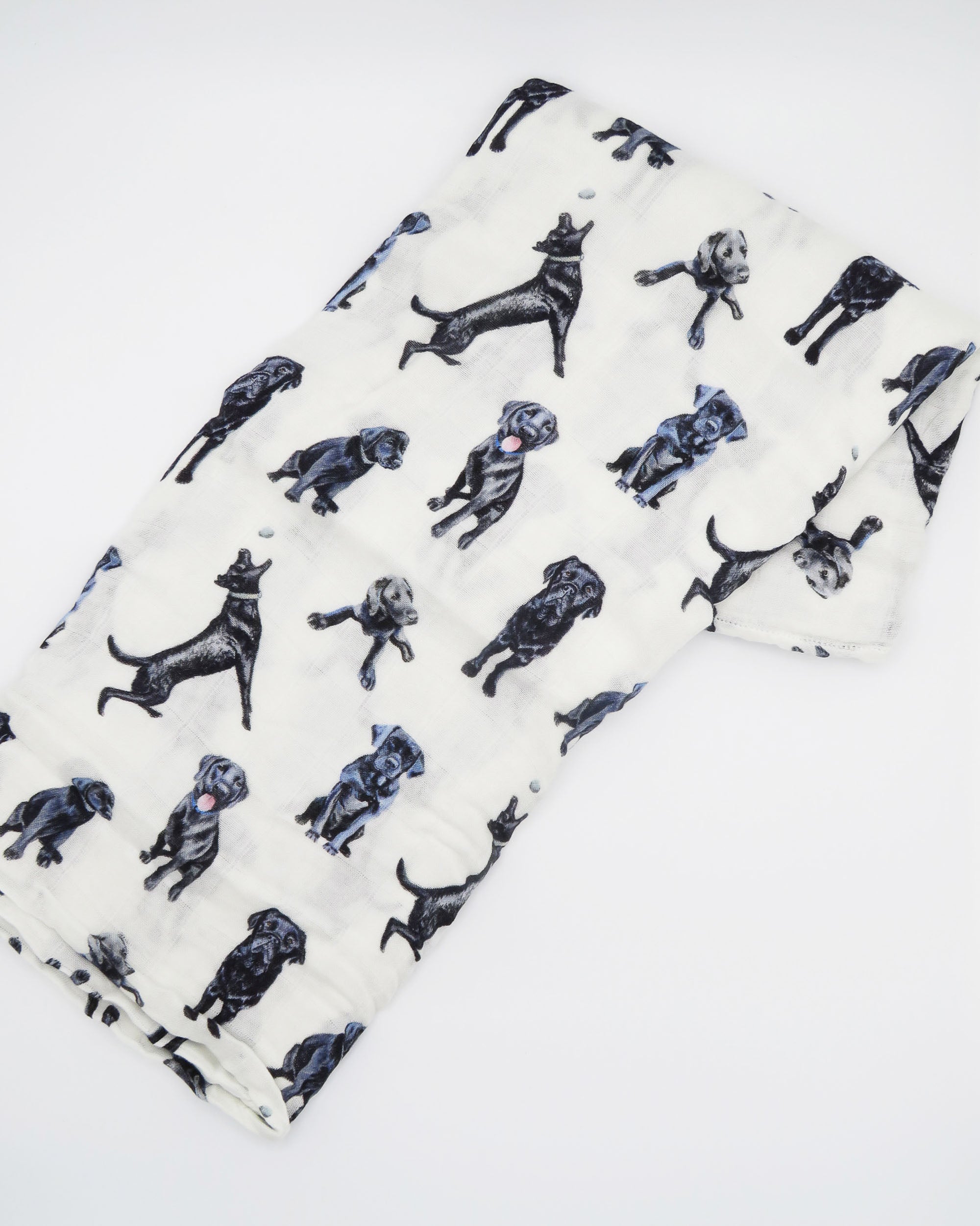 Black Labs print swaddle blanket for babies, featuring a hand-painted Black Lab design on a soft organic cotton and bamboo swaddle, perfect for newborns