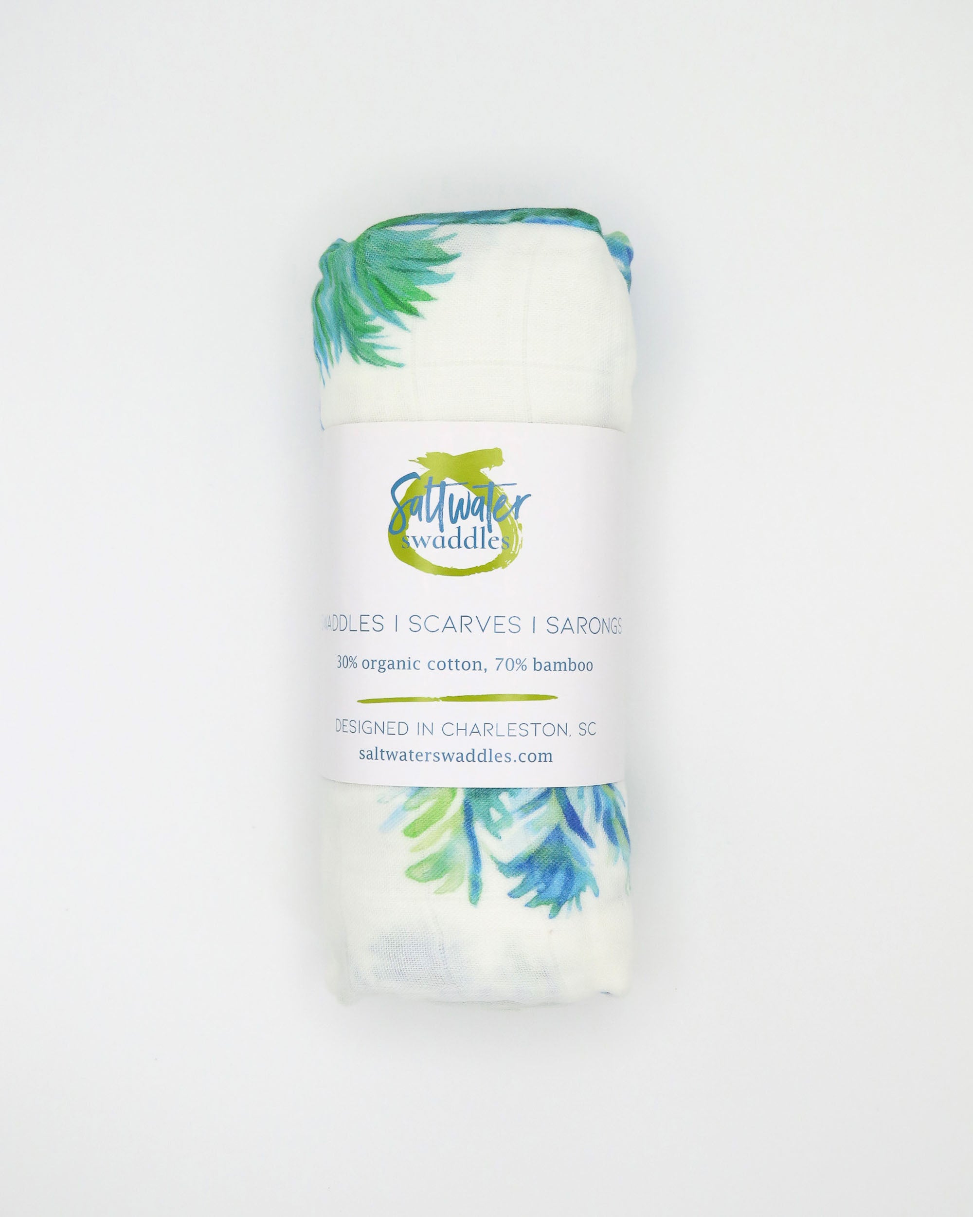 Blue Palmettos Print Baby Swaddle with Watercolor Palmetto Trees Design. blue palmettos hand-painted and printed on soft white fabric.