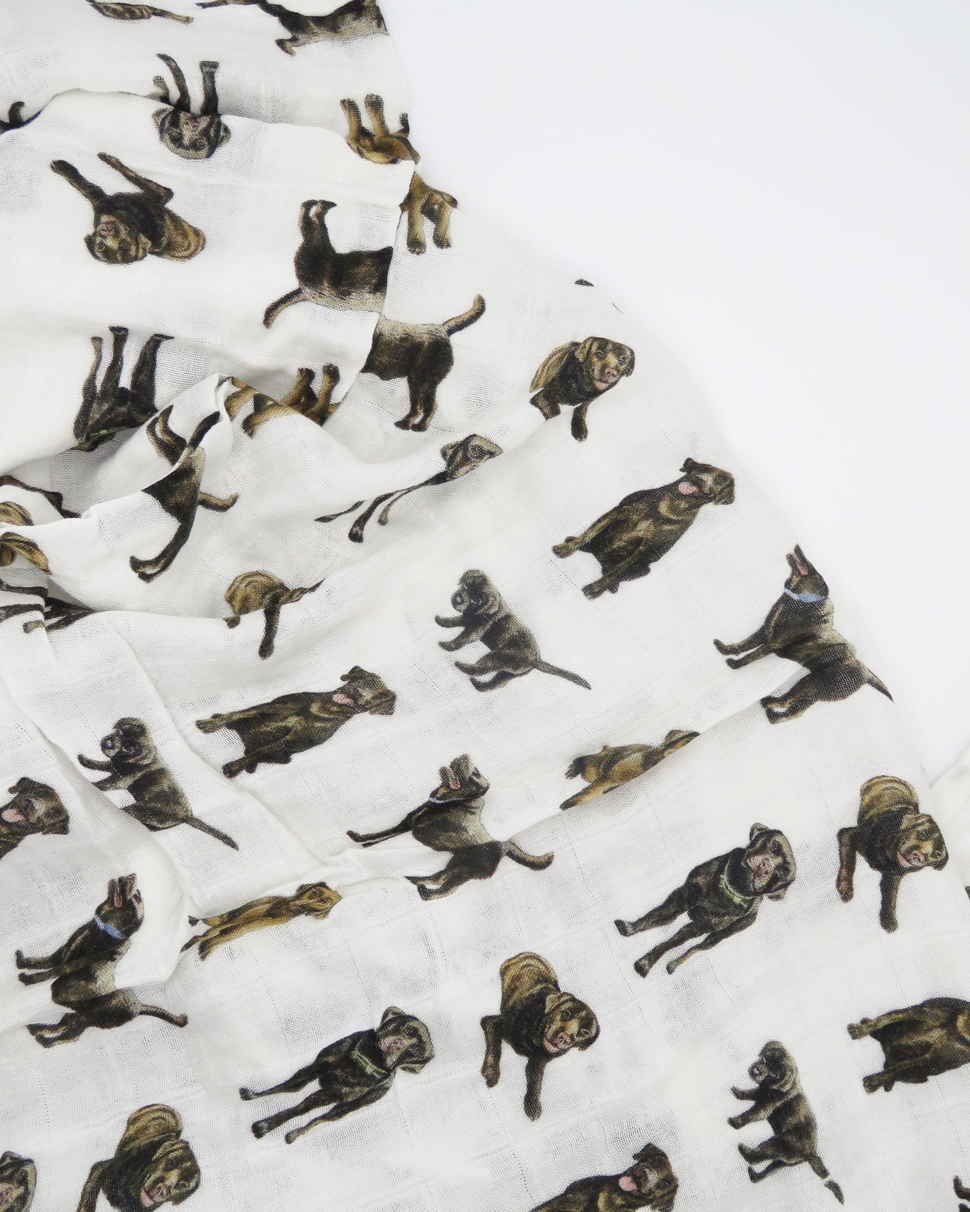Hand-painted Chocolate Lab print baby swaddle on soft bamboo and organic cotton white fabric.