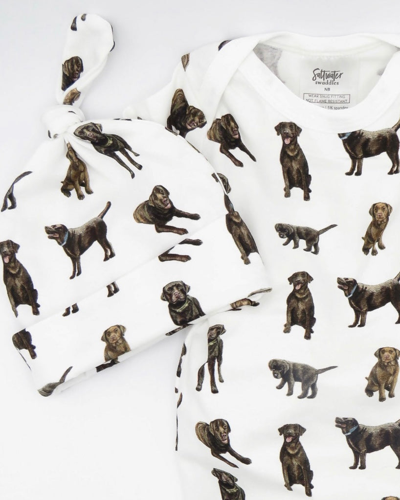 Newborn gown and hat set featuring a cute Chocolate Lab design