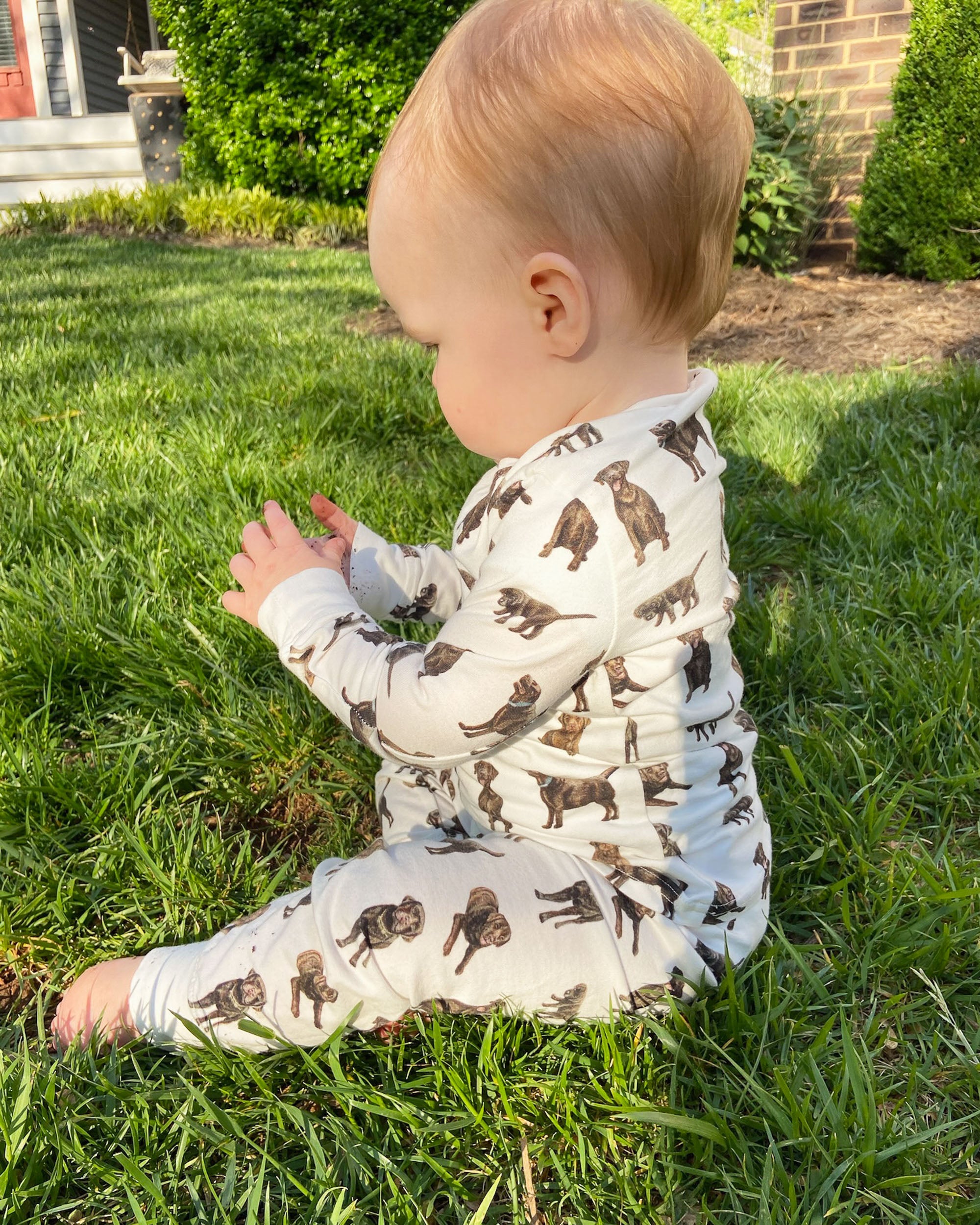 Adorable kids soft and comfy pajamas featuring Chocolate Labs printed on soft white fabric.