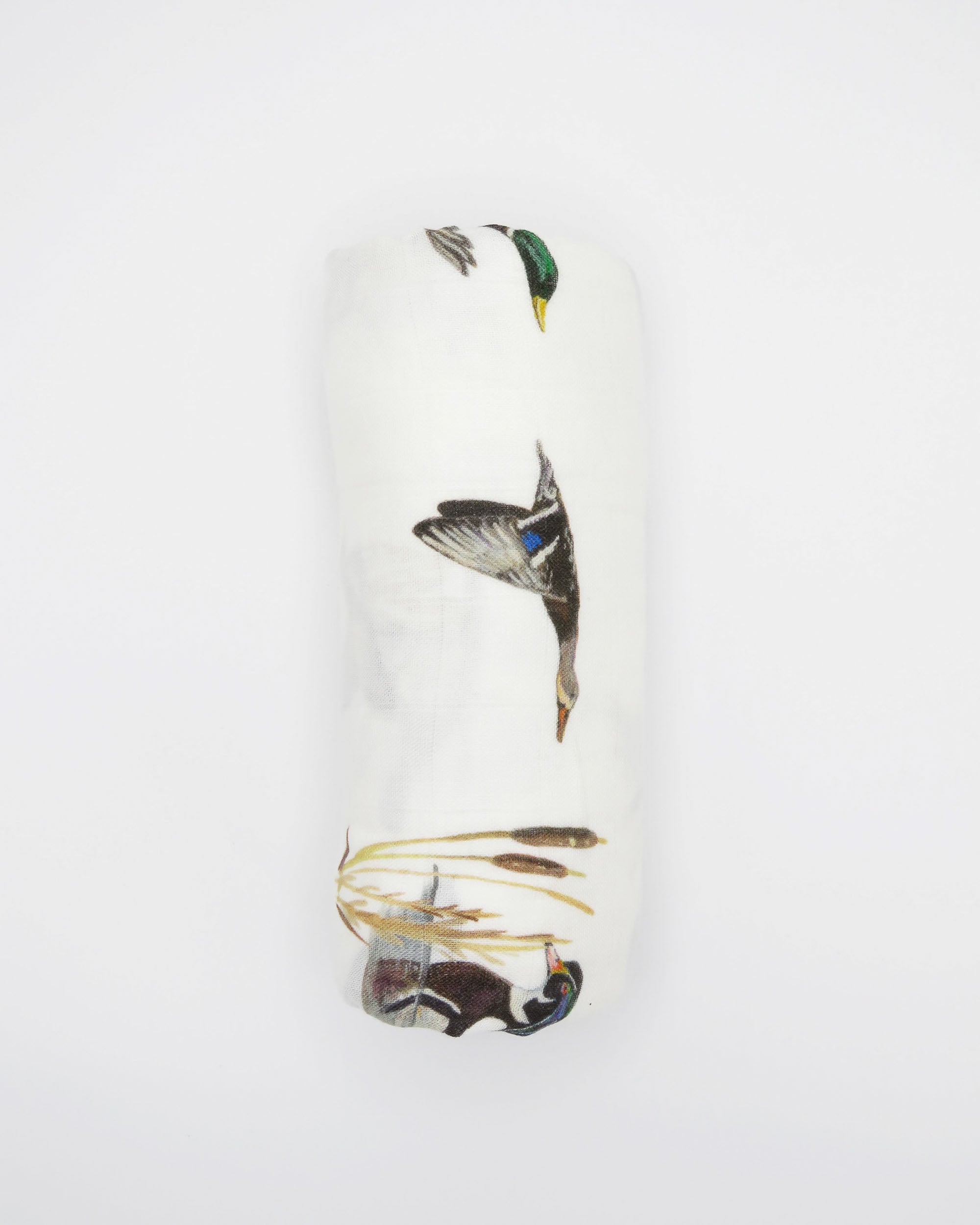 Vibrant watercolor pattern of diving ducks on a soft swaddle, perfect for wrapping newborns in style and comfort