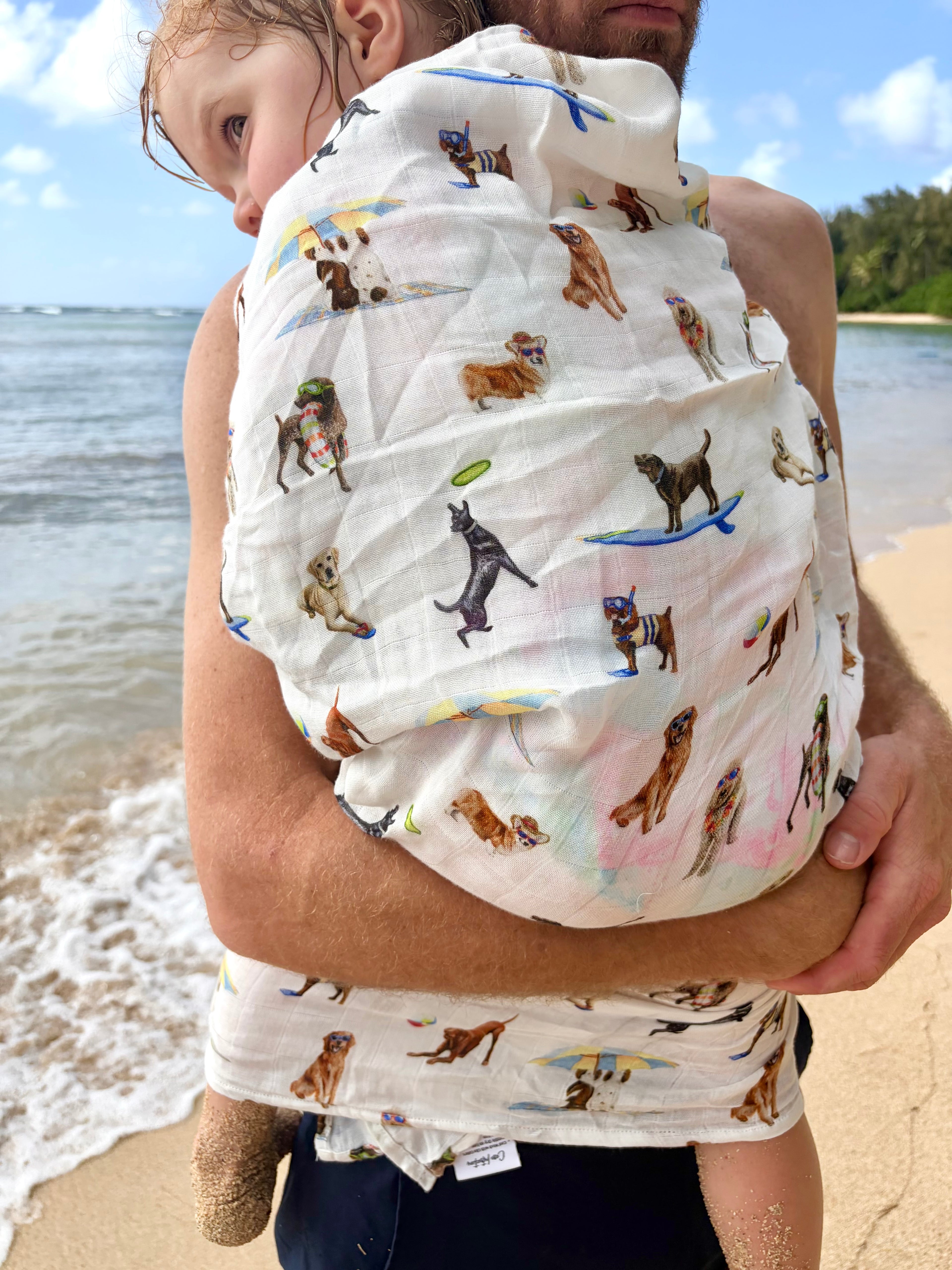 Child wrapped in a Dog Days of Summer pattern swaddle at the beach while being carried by her father.