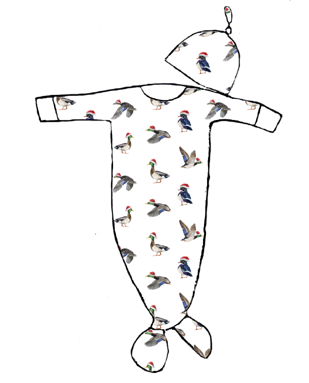 A cute newborn outfit featuring a print of ducks with Santa hat.