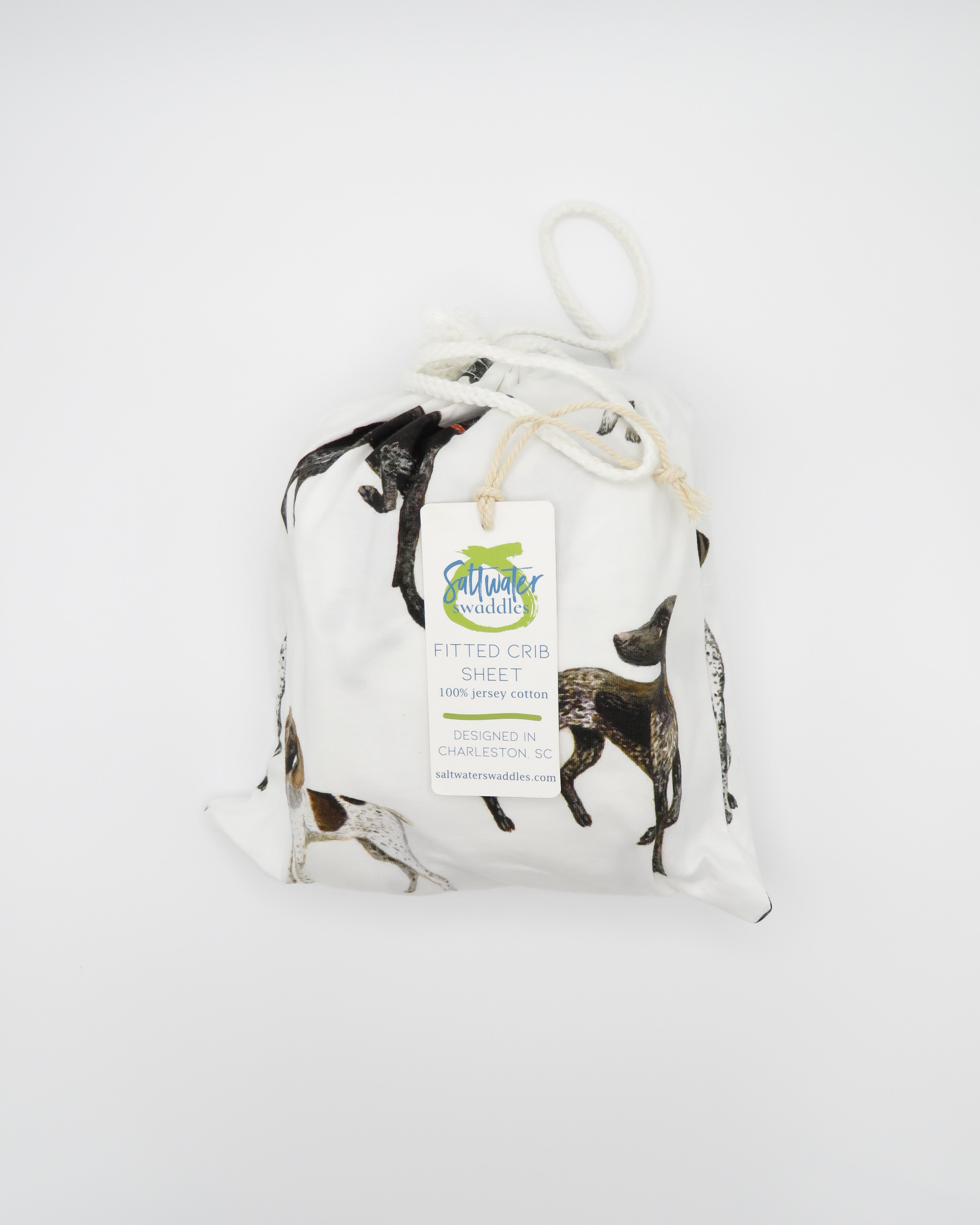 German Shorthaired Pointer print crib sheets featuring a variety of GSP patterns in 100% soft white cotton fabric.