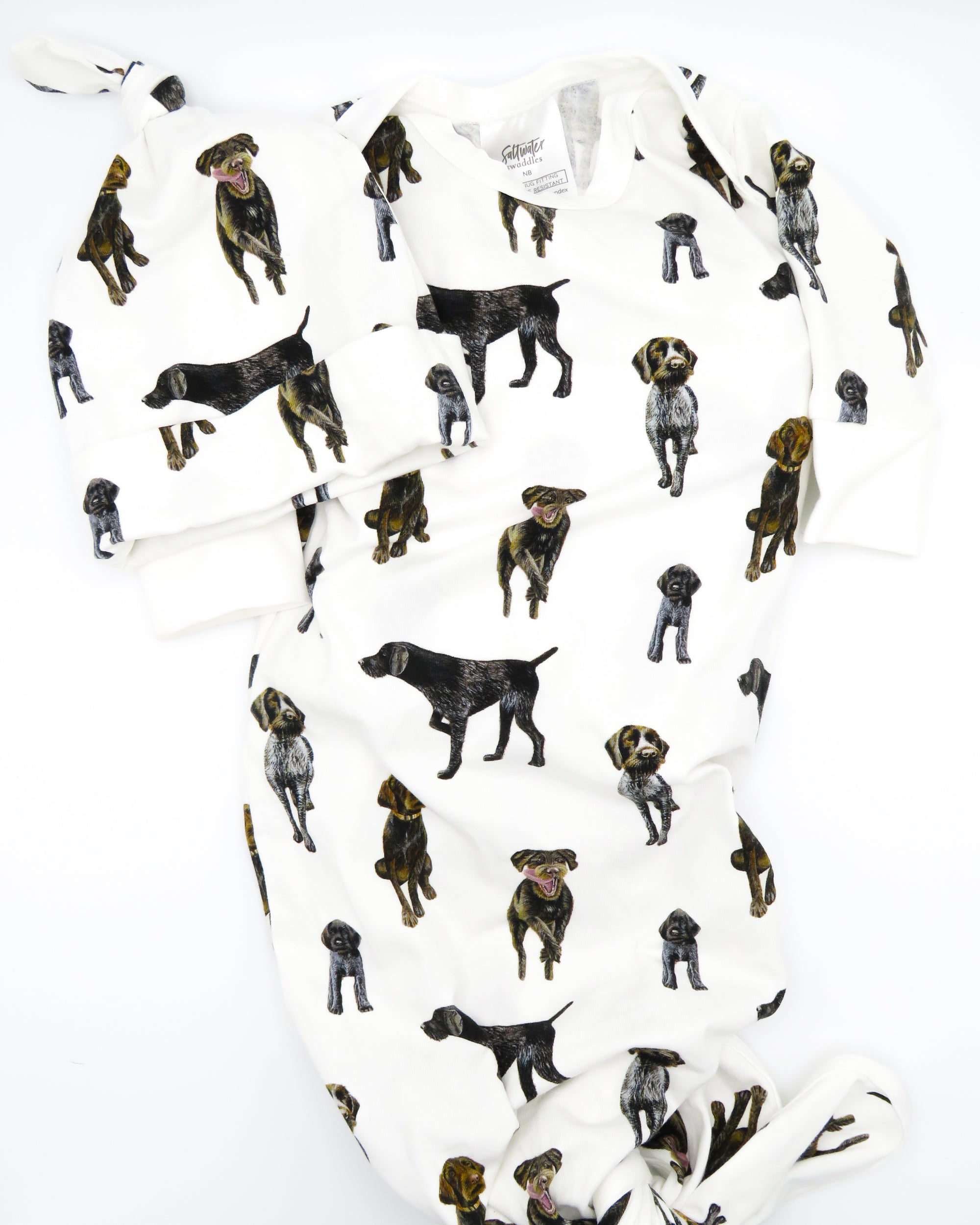 German Wirehaired Pointer print newborn gown and matching hat set for baby boys and girls. GWP dogs printed on soft white fabric.