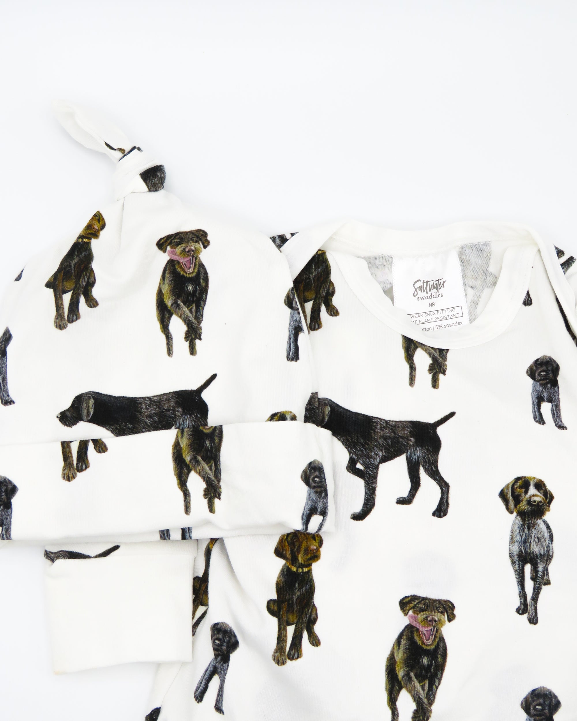 German Wirehaired Pointer print newborn gown and matching hat set for baby boys and girls. GWP dogs printed on soft white fabric.