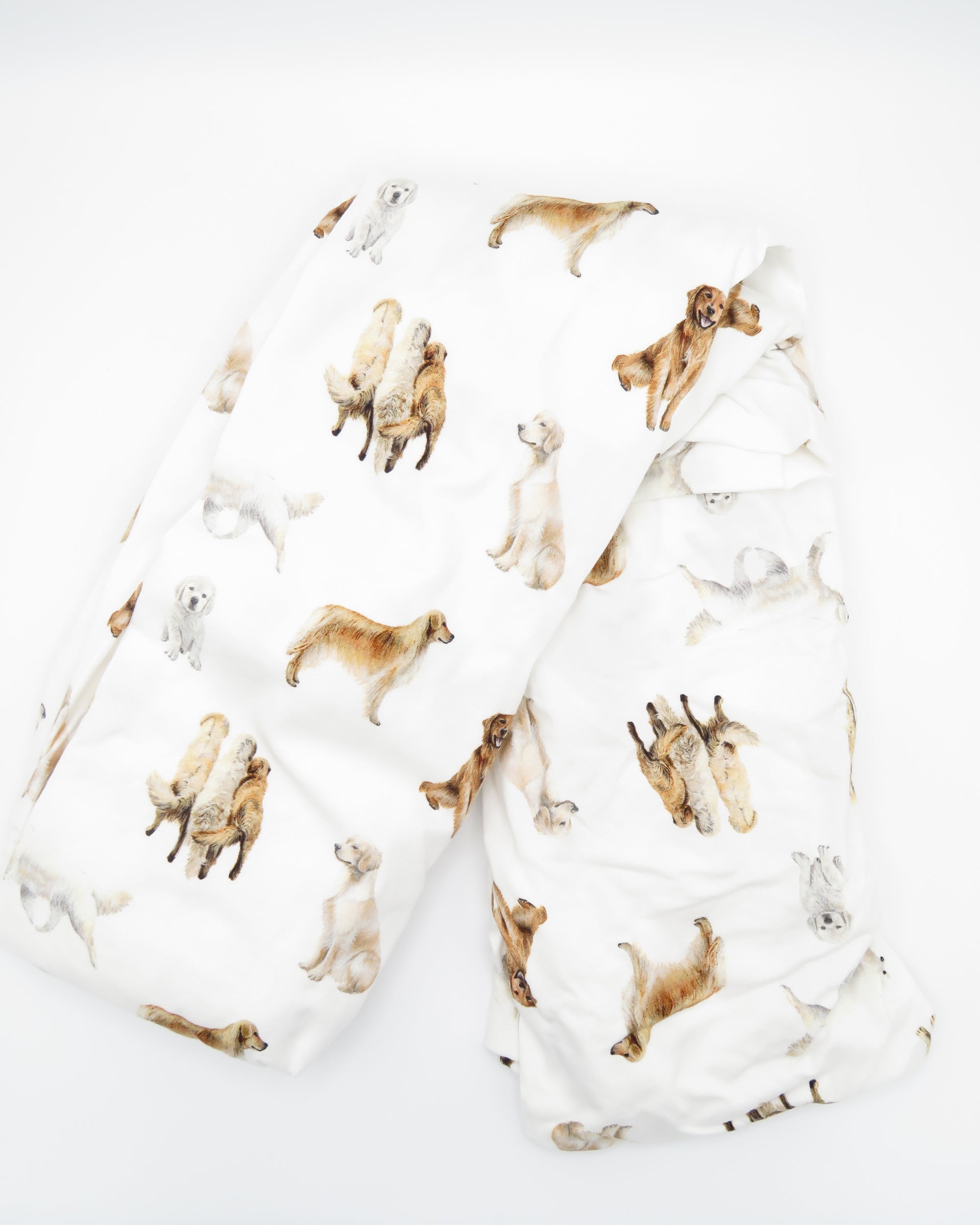 Golden Retriever print crib sheet for baby or toddler beds, printed on soft white fabric.
