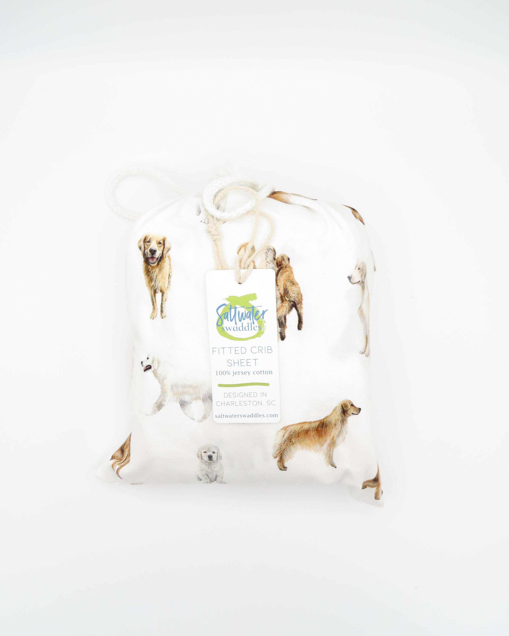 Golden Retriever print crib sheet for baby or toddler beds, printed on soft white fabric.