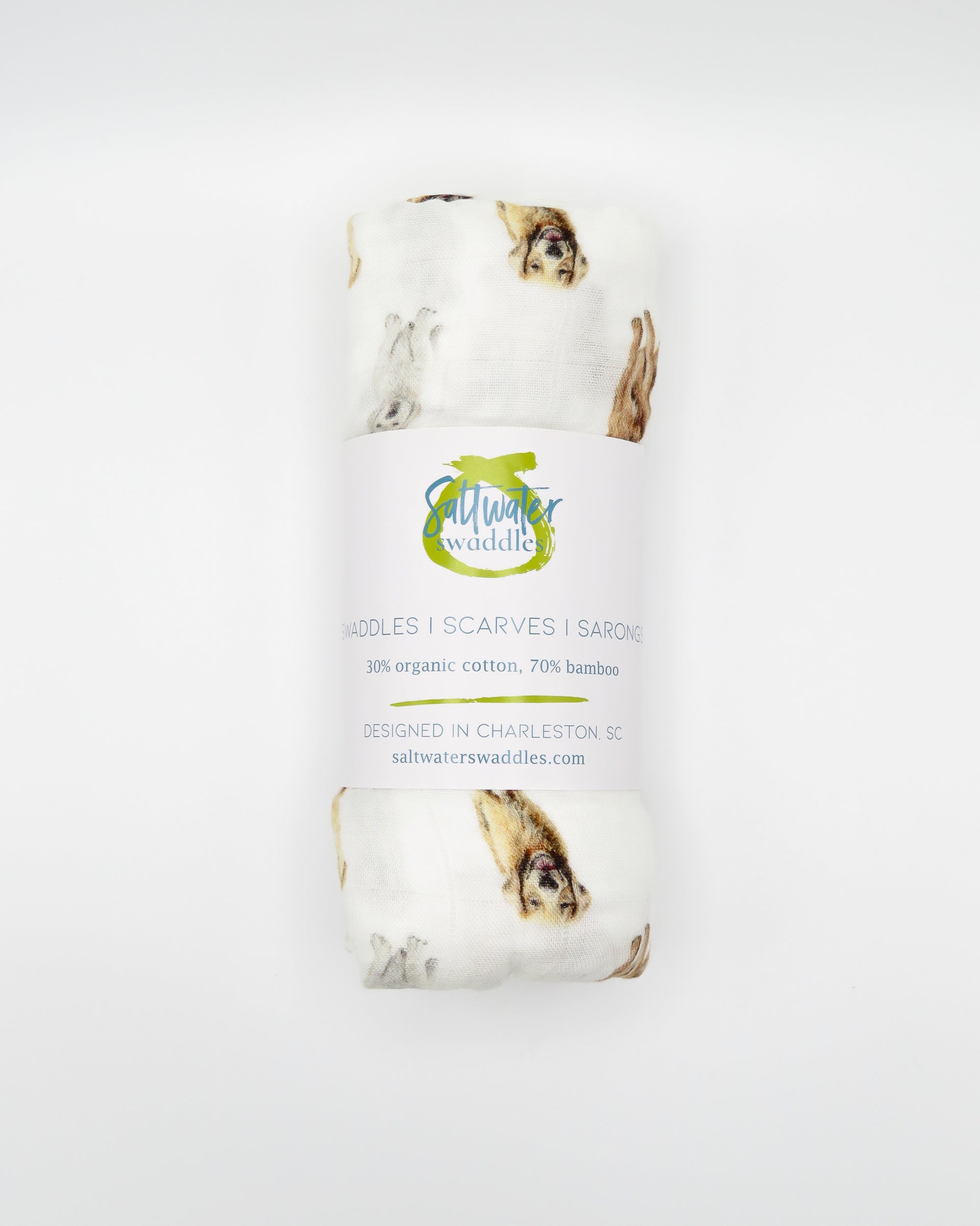 Golden Retriever print baby swaddle in soft white organic cotton and bamboo blend. A perfect for golden fans.