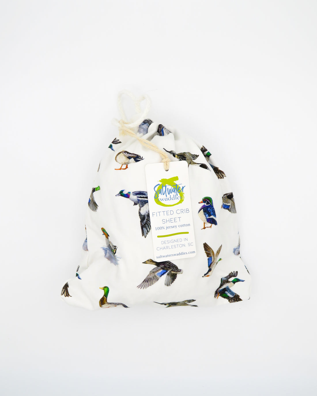 Adorable duck pattern crib sheet in soft colors, great for a gender-neutral duck-themed nursery.