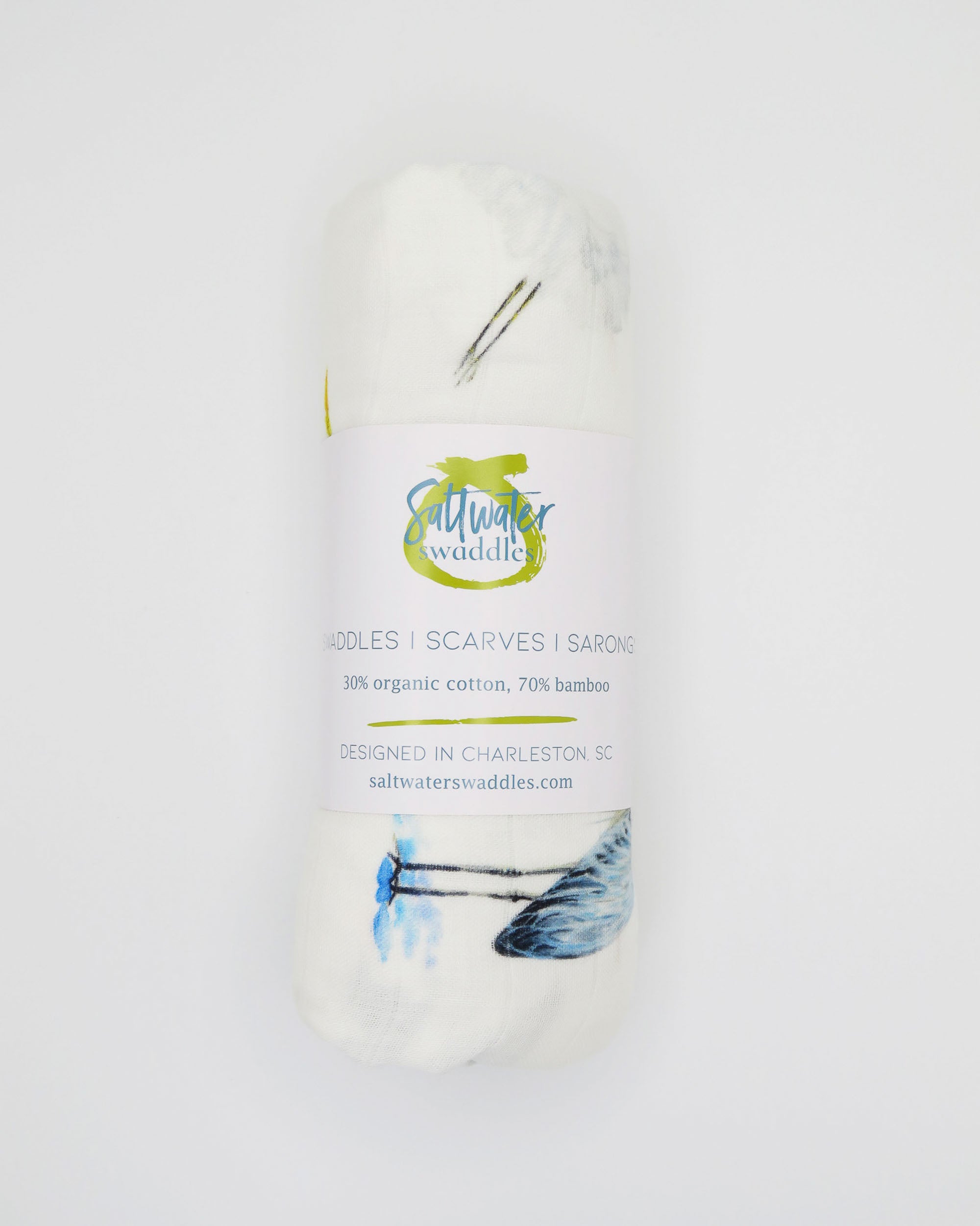Southern Storks Baby Swaddle Blanket for Newborns. Rolled and displayed on a white background. A perfect addition to your hospital bag.