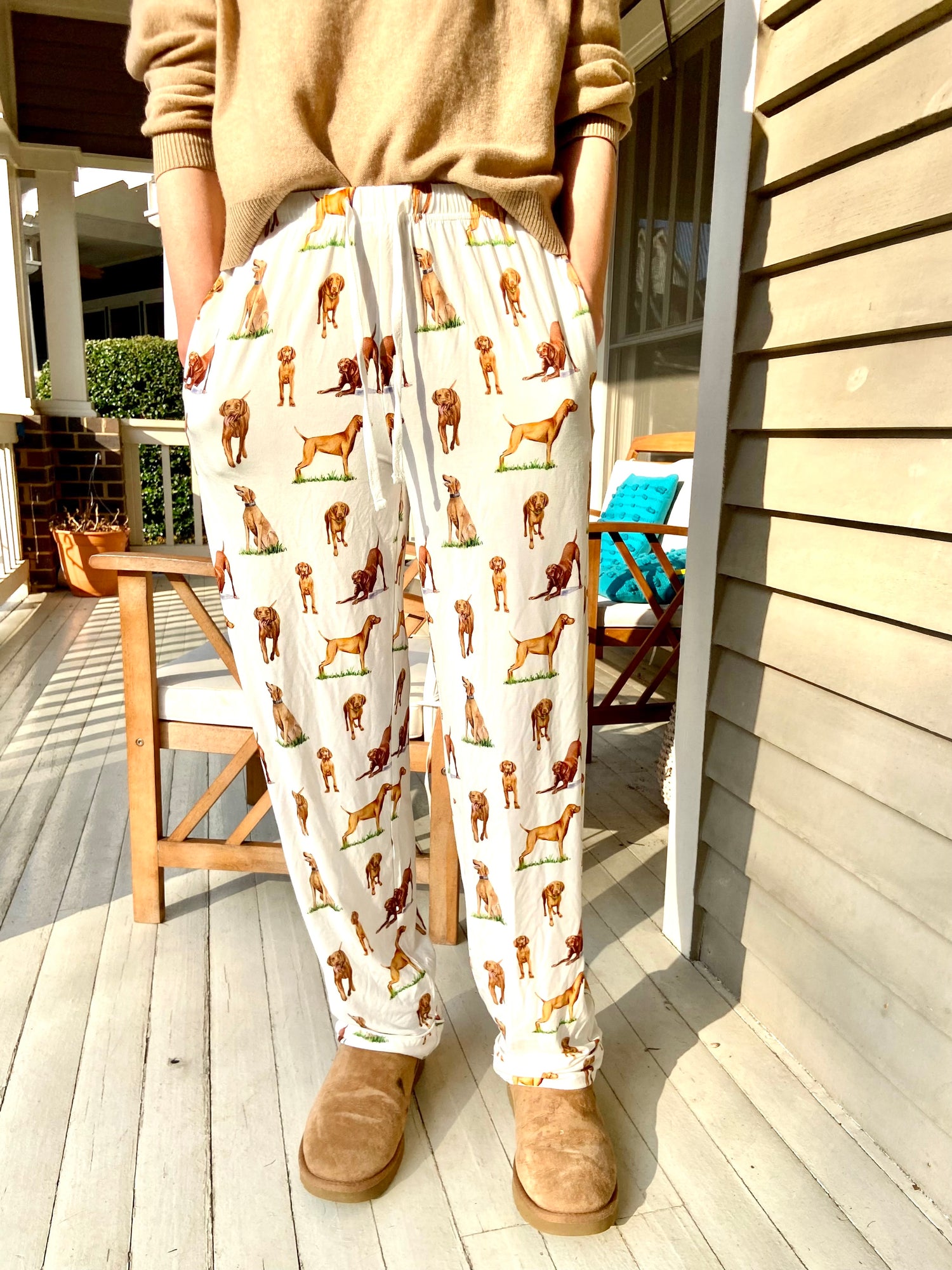 Unisex adult pajama pants with Vizsla dog print, made from breathable fabric for all-night comfort and cozy lounging.