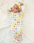Unisex newborn gown and hat set featuring soft fabric and heart print