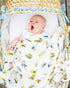 A newborn swaddled in a blanket with fly fishing lures printed on it, lying inside a basket with a blue and white checkered pattern.