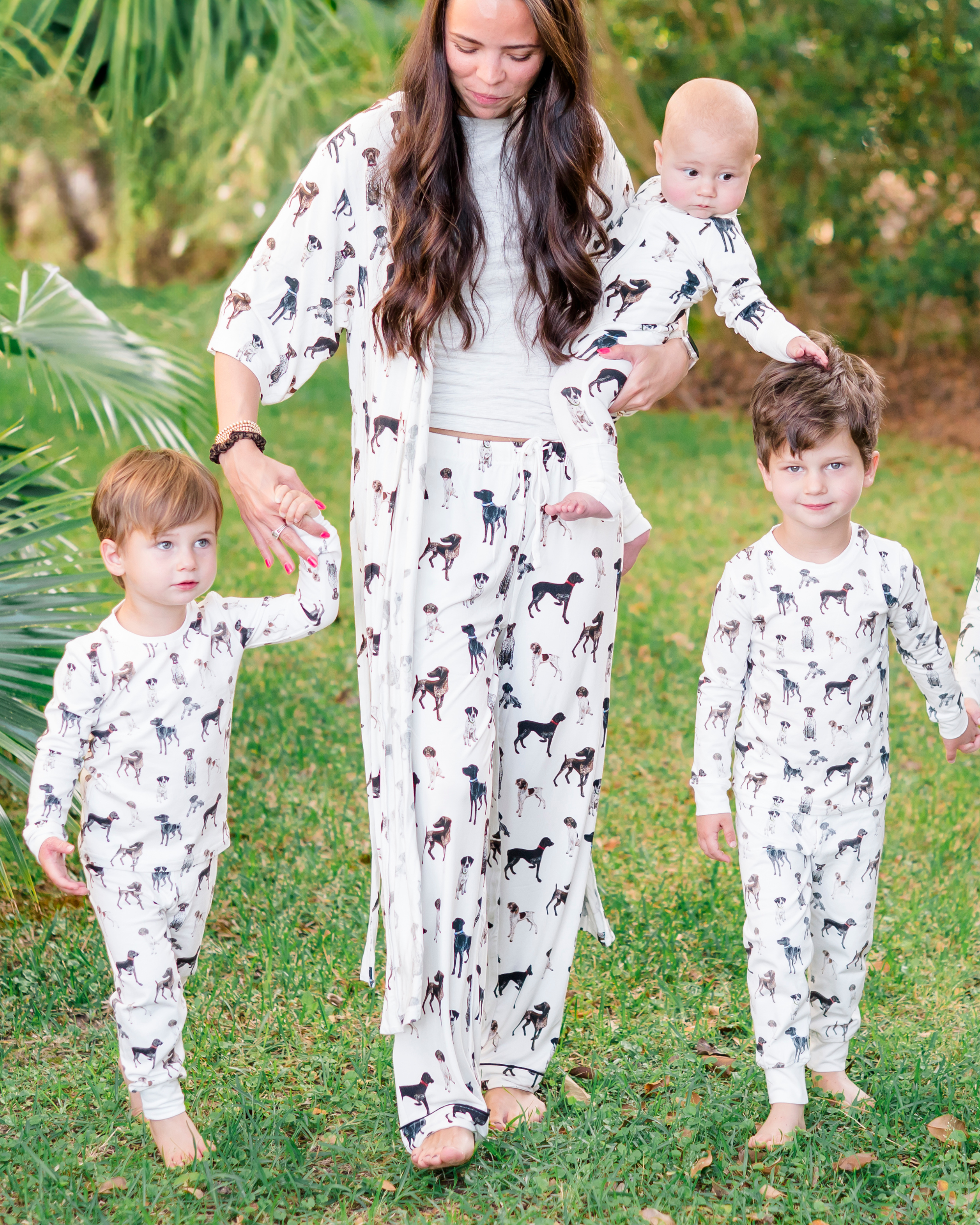 German Shorthaired Pointer print | Dog-themed adult pajama pants in soft white fabric, ideal for sleepwear and loungewear with stretchable comfort.