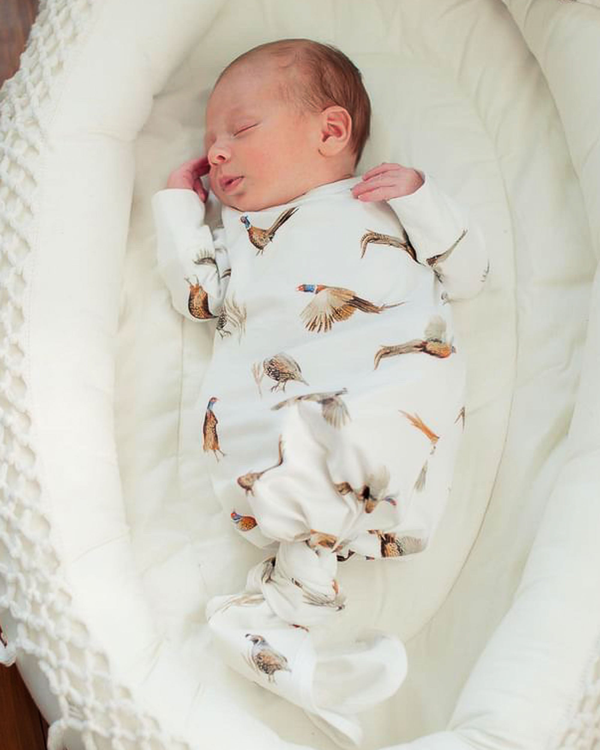 Unisex newborn gown and hat set featuring soft fabric and pheasants and quail print