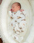 Unisex newborn gown and hat set featuring soft fabric and pheasants and quail print