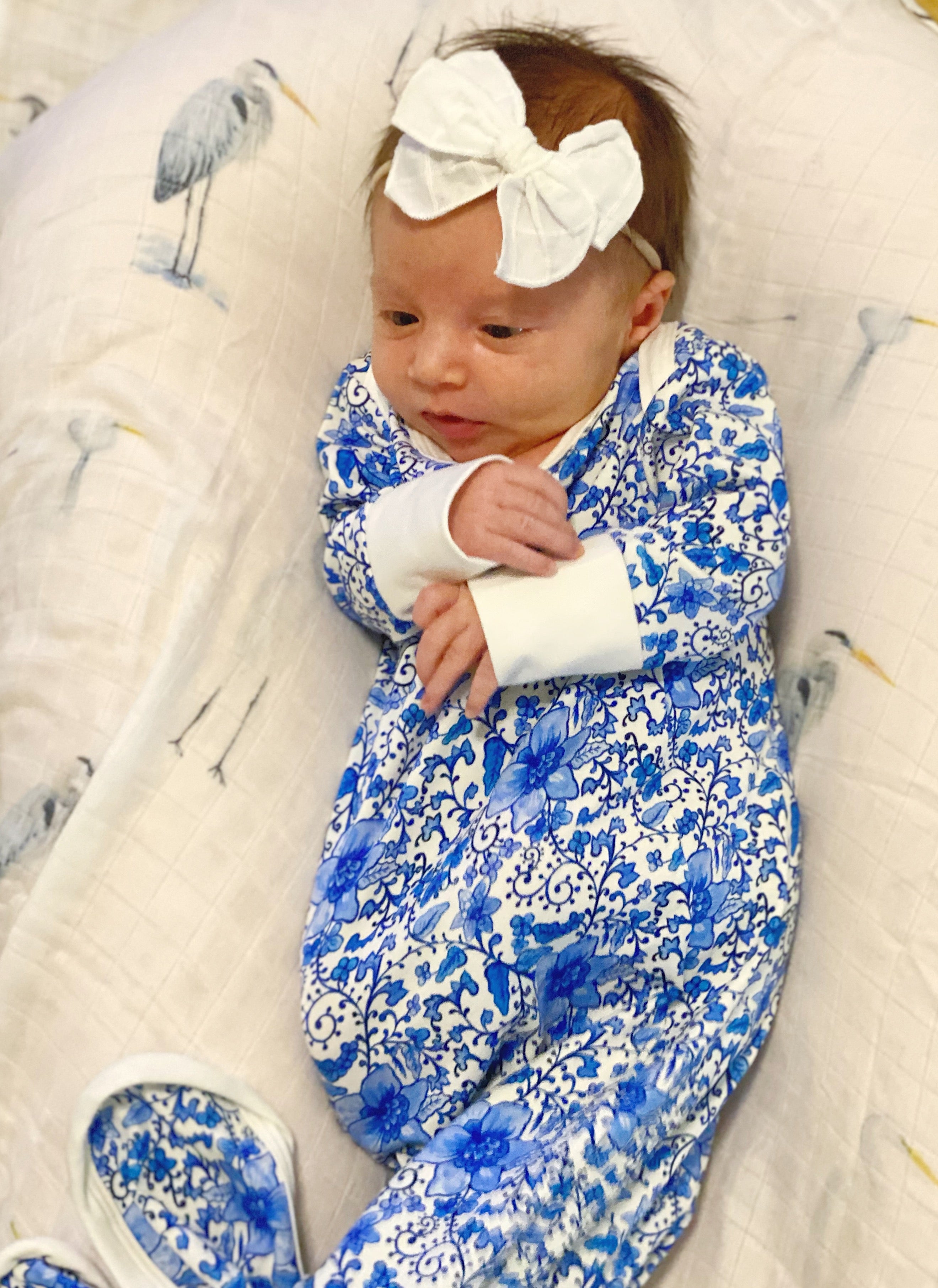 Charming Chinoiserie print newborn gown with matching hat for babies