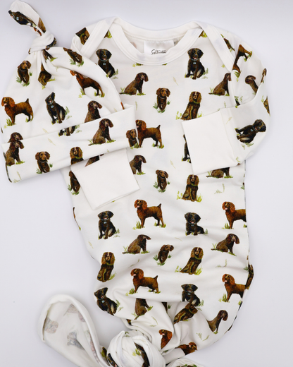 Soft Beaufort Boykins newborn gown and hat set, displayed flat on a white background.