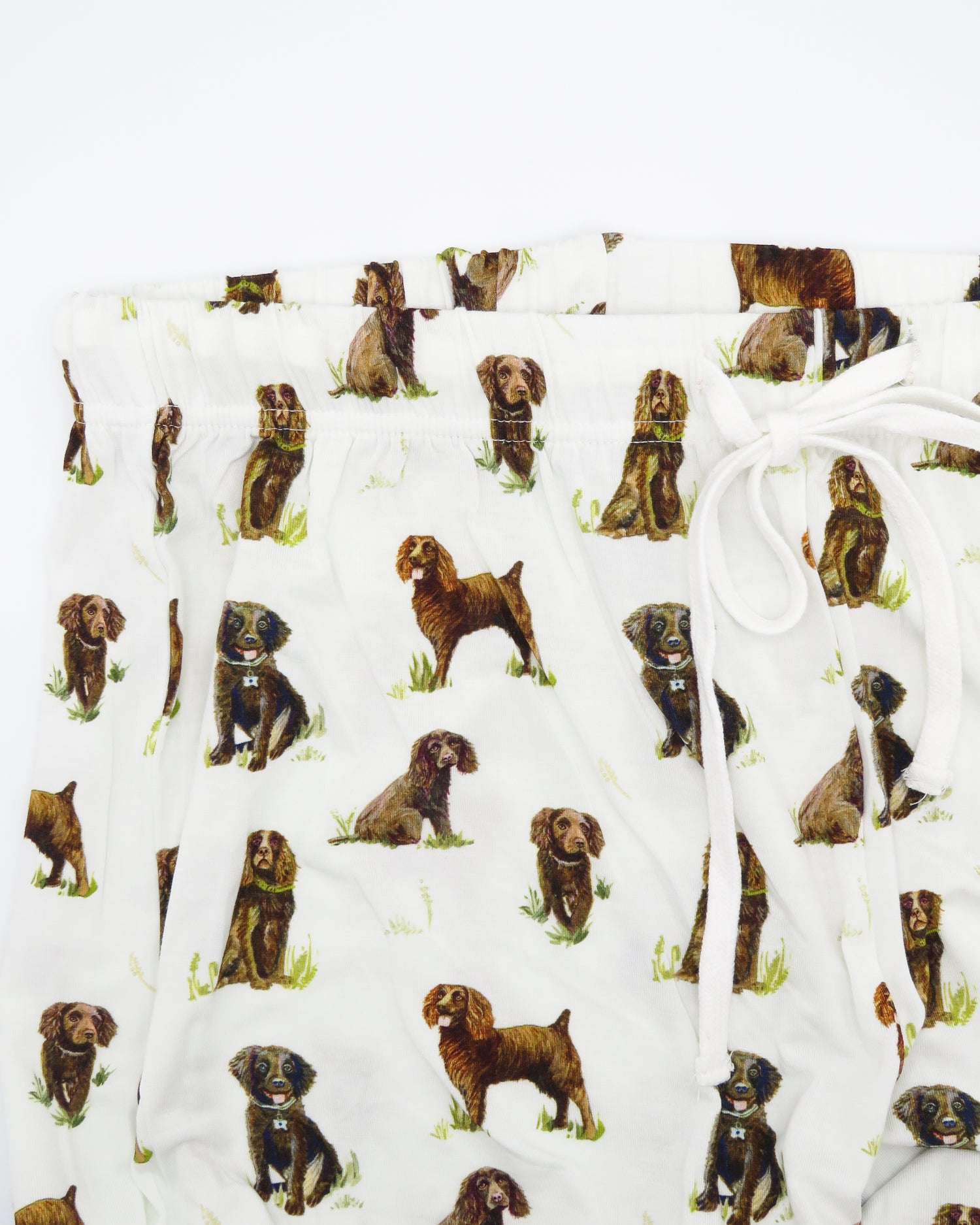 Beaufort Boykins unisex adult pajama pants printed on soft white fabric, made from a soft bamboo/spandex blend—perfect for sleepwear or loungewear.