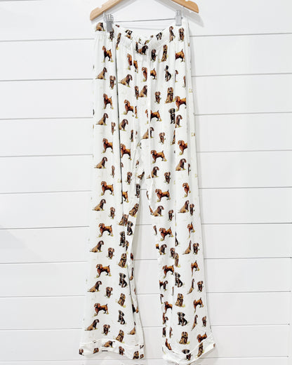 Beaufort Boykins unisex adult pajama pants printed on soft white fabric, made from a soft bamboo/spandex blend—perfect for sleepwear or loungewear.