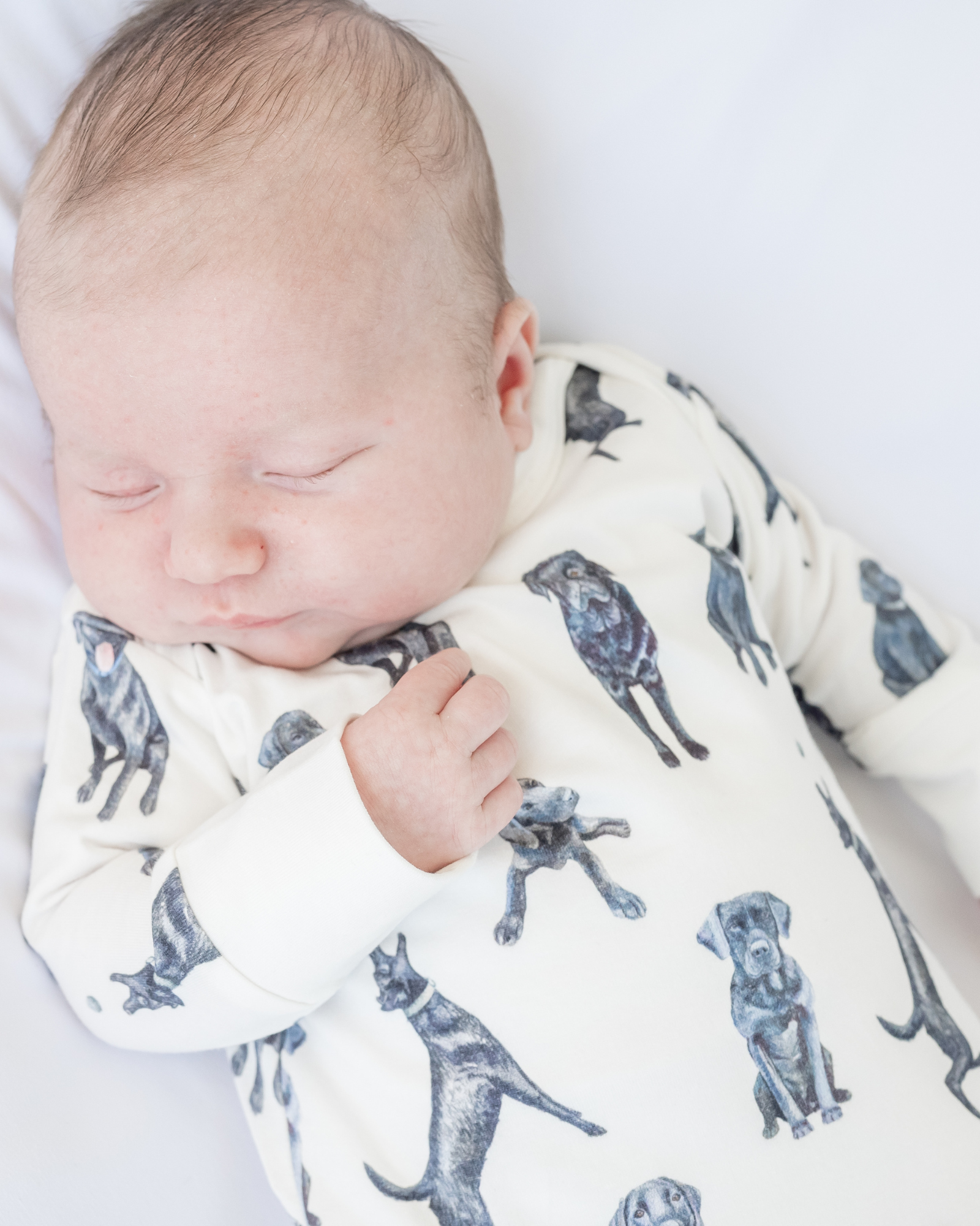 Newborn gown and matching hat featuring a whimsical Black Labs print, perfect for baby showers and dog-loving parents