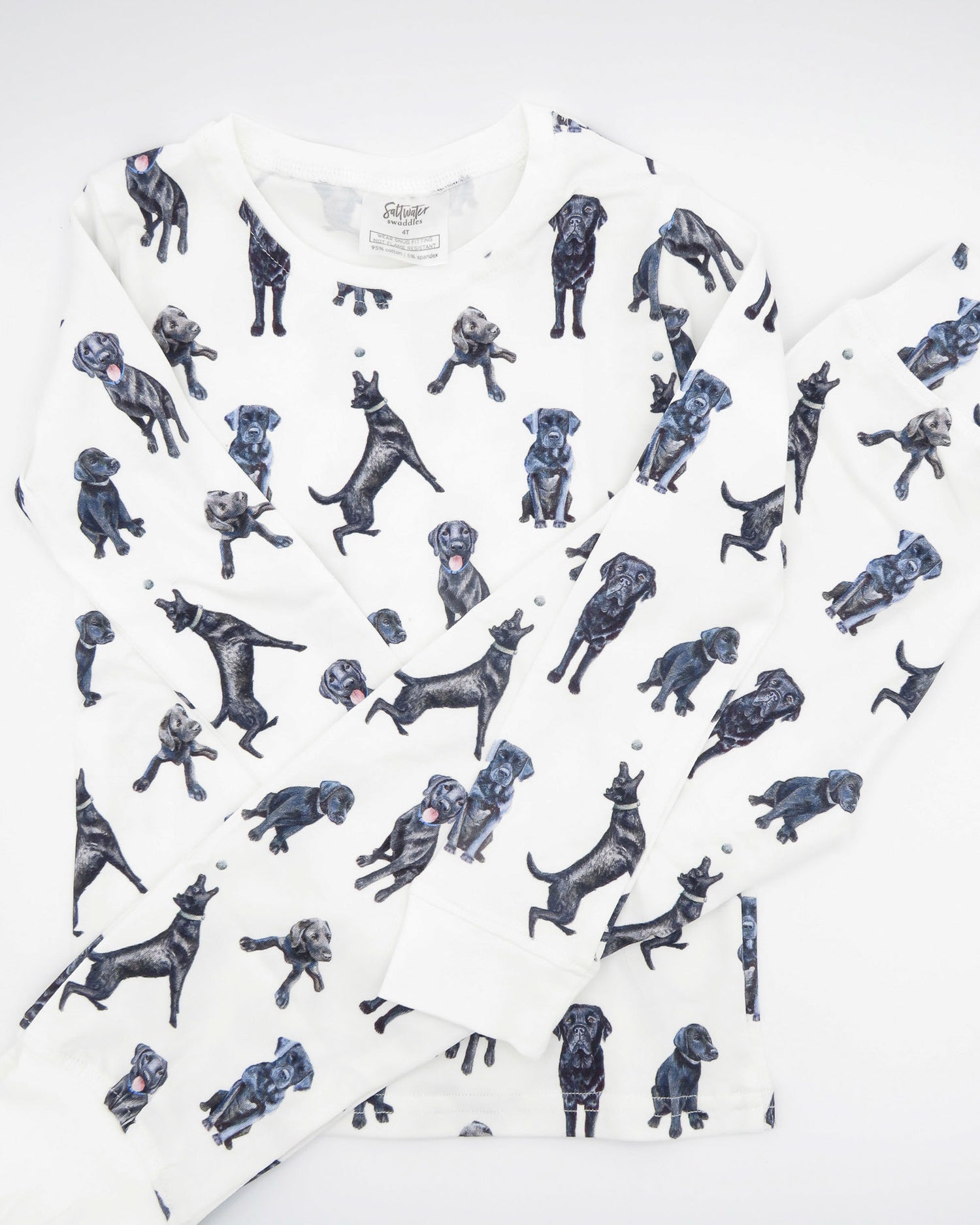 Soft and stretchy kids pajamas adorned with a cute Black Labs print, designed for comfort and durability, making them a favorite choice for little dog lovers