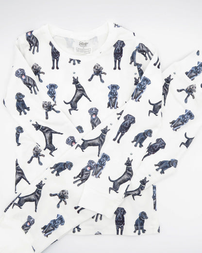 Soft and stretchy kids pajamas adorned with a cute Black Labs print, designed for comfort and durability, making them a favorite choice for little dog lovers