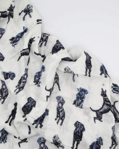 Black Labs print swaddle blanket for babies, featuring a hand-painted Black Lab design on a soft organic cotton and bamboo swaddle, perfect for newborns
