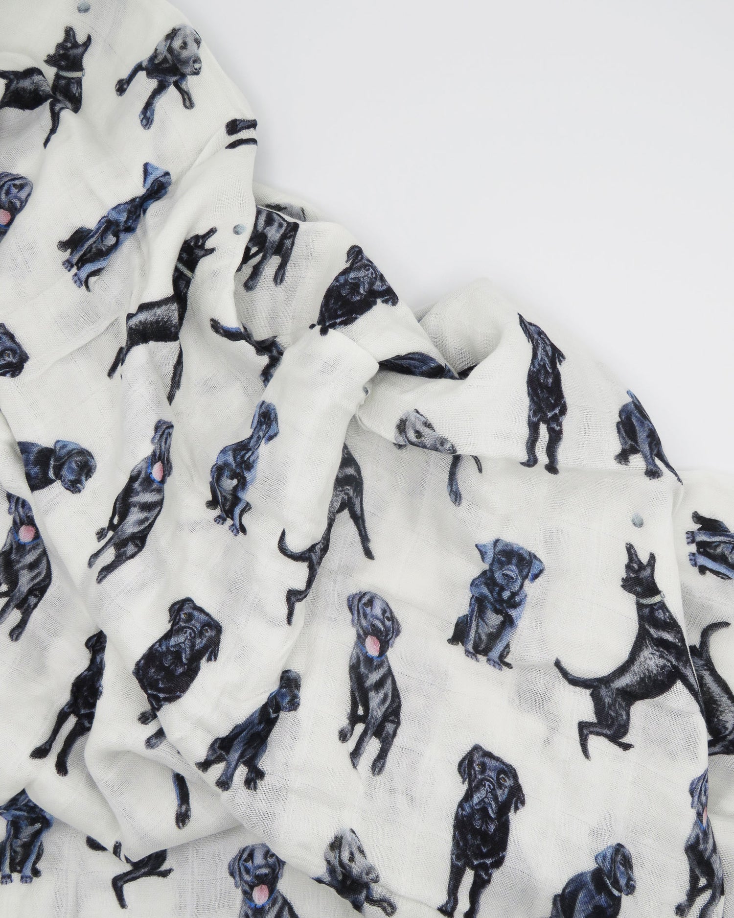 Black Labs print swaddle blanket for babies printed on soft white fabric, featuring a hand-painted Black Lab design on a soft organic cotton and bamboo swaddle, perfect for newborns