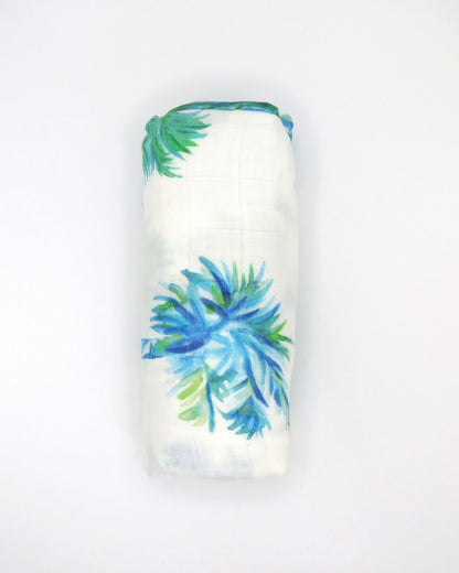 Blue Palmettos Print Baby Swaddle with Watercolor Palmetto Trees Design. blue palmettos hand-painted and printed on soft white fabric. 