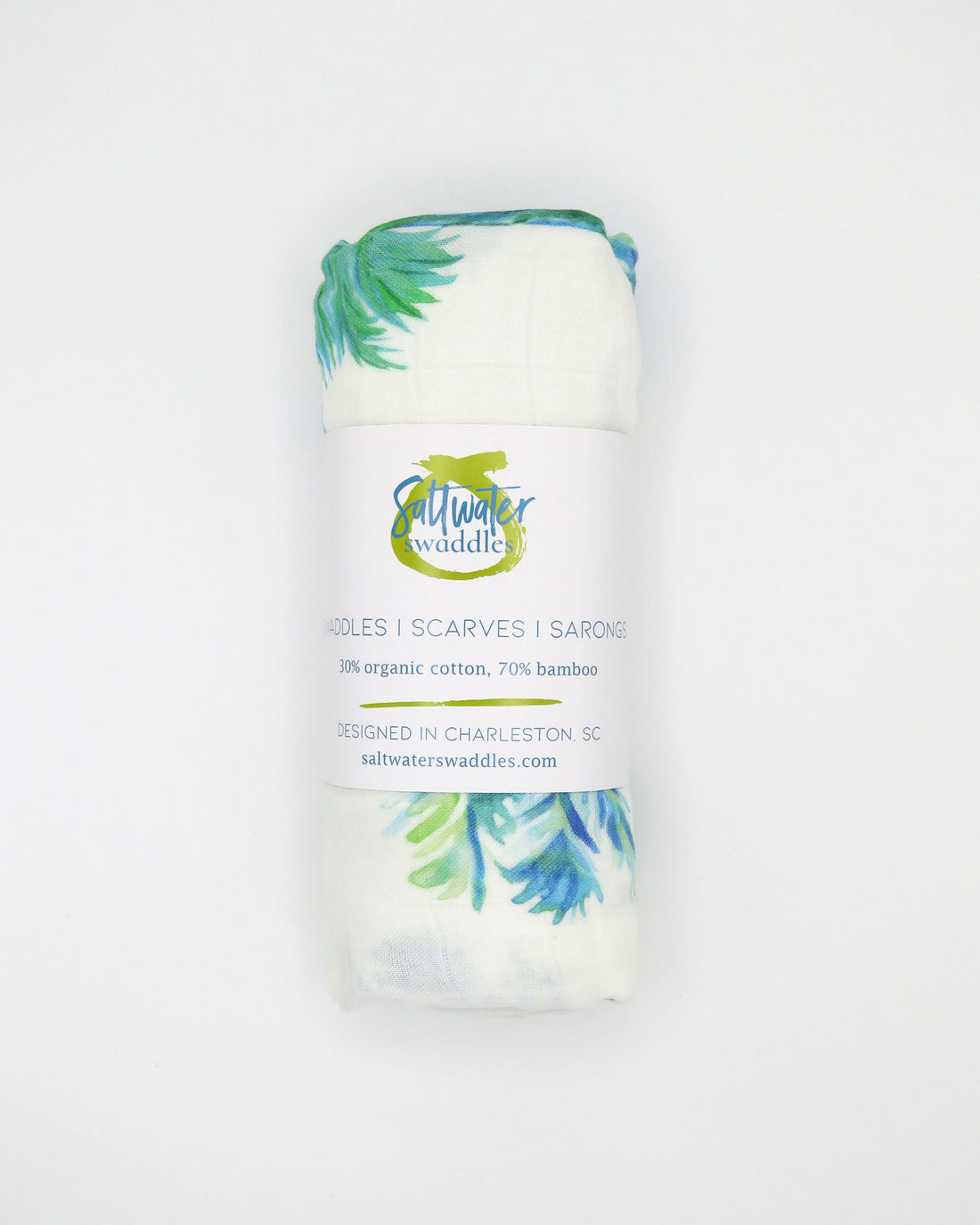 Blue Palmettos Print Baby Swaddle with Watercolor Palmetto Trees Design. blue palmettos hand-painted and printed on soft white fabric. 