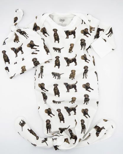 Chocolate Labs Newborn gown and hat set displayed flat on white background.