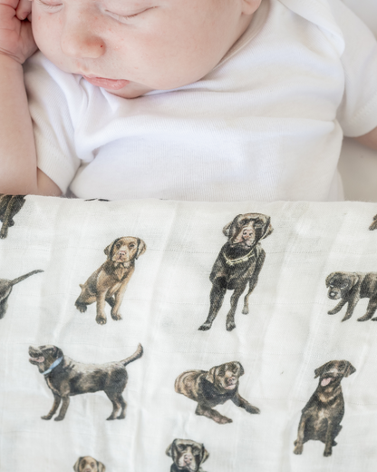 Hand-painted Chocolate Lab print baby swaddle on a soft bamboo and organic cotton fabric