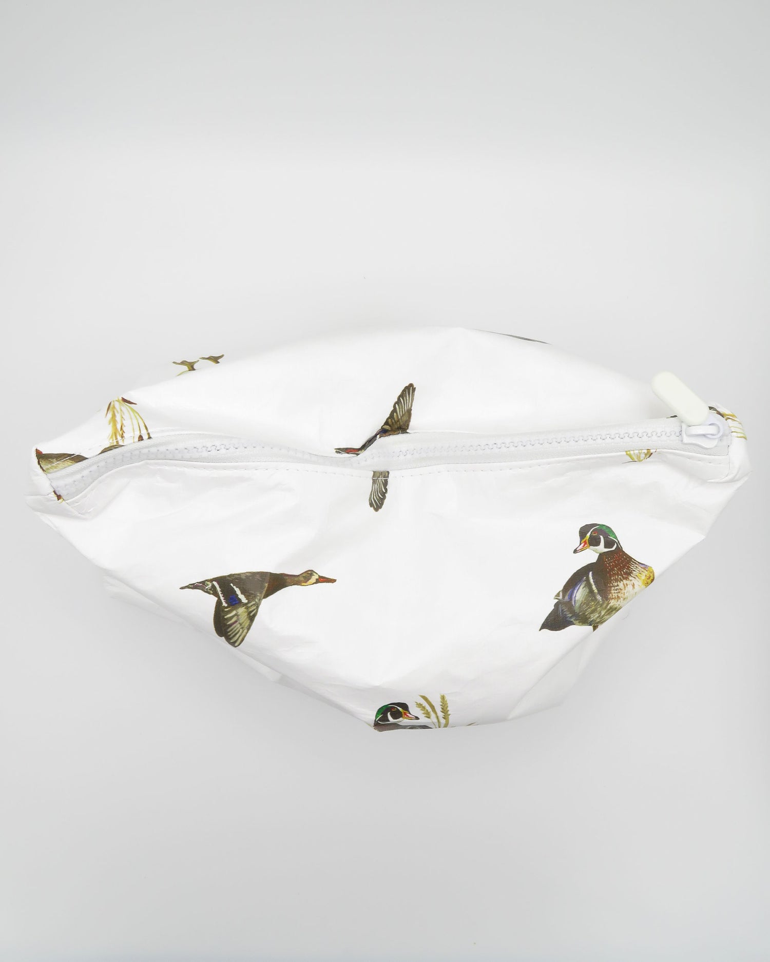 Diving ducks water-resistant white pouch showcasing its unique pattern and craftsmanship.