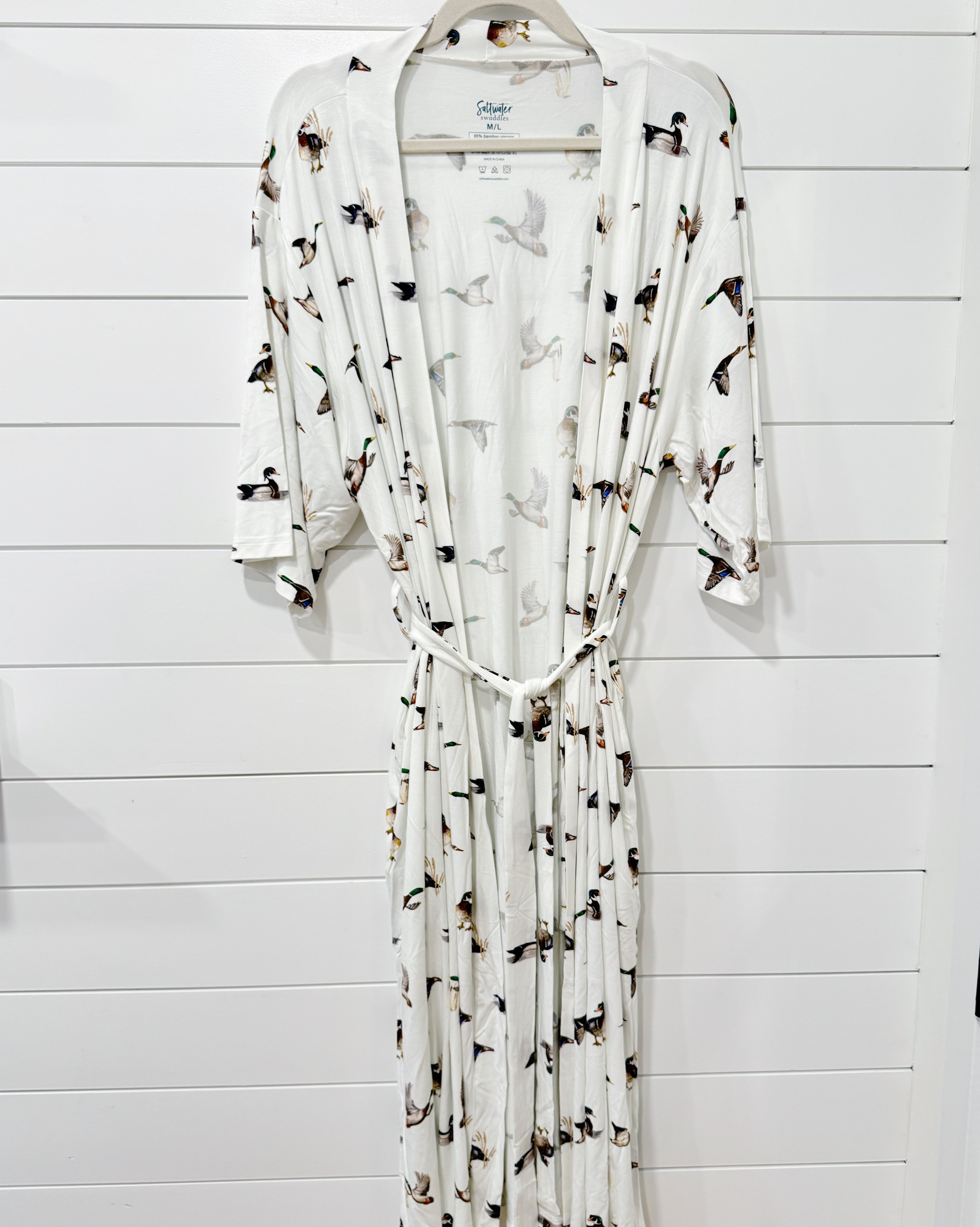 Luxurious Diving Ducks print adult robe with pockets and waist ties