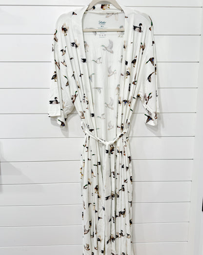Luxurious Diving Ducks print adult robe with pockets and waist ties