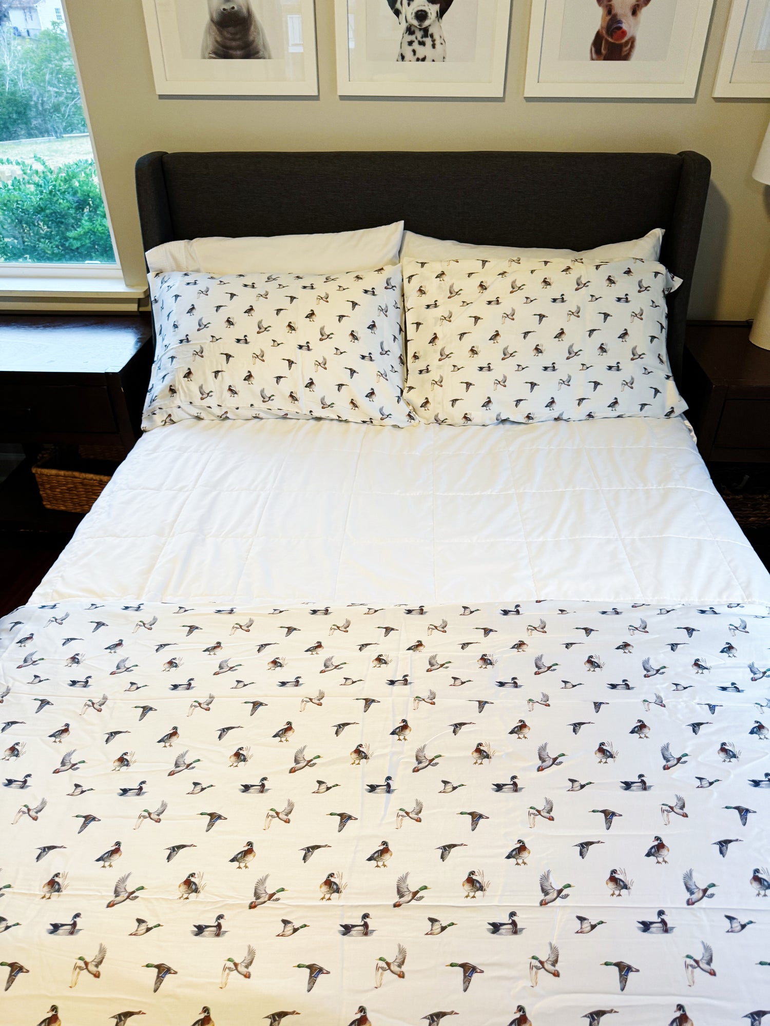 Diving ducks duvet cover on a bed. Printed on soft white fabric