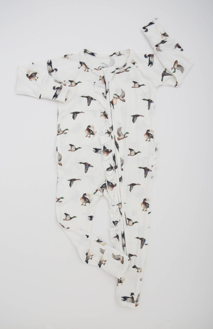 Diving Ducks Baby Footies - Cotton Convertible Zip Design with Ruffles