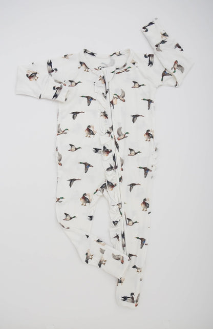 Diving Ducks Baby Footies - Cotton Convertible Zip Design with Ruffles