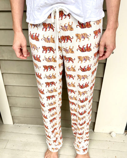 Soft white unisex Easy Tiger print pajama pants. 
