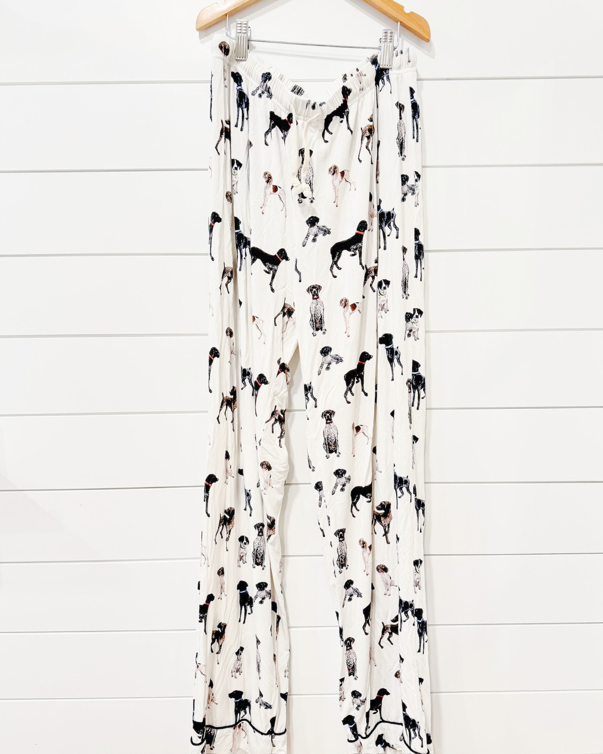 German Shorthaired Pointer print | Dog-themed adult pajama pants in soft white fabric, ideal for sleepwear and loungewear with stretchable comfort.