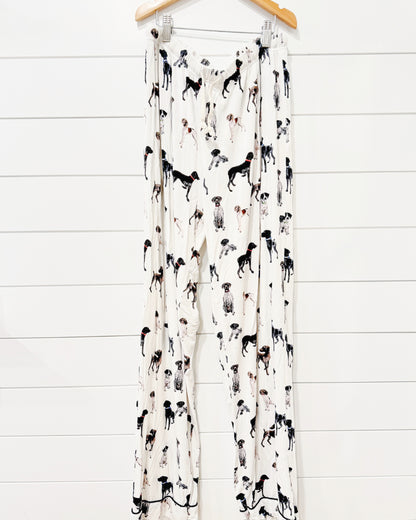 German Shorthaired Pointer print | Dog-themed adult pajama pants in soft white fabric, ideal for sleepwear and loungewear with stretchable comfort.