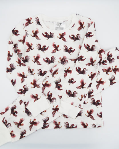 White Gamecock print kids pajamas, designed for football season, sleepovers, lounging, and everyday playtime adventures.