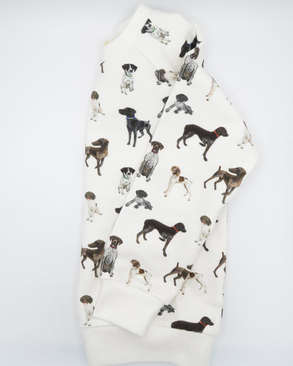 German Shorthaired Pointer print drop sleeve sweatshirt for kids printed on soft white, comfy fabric. Perfect for indoors and outdoors.