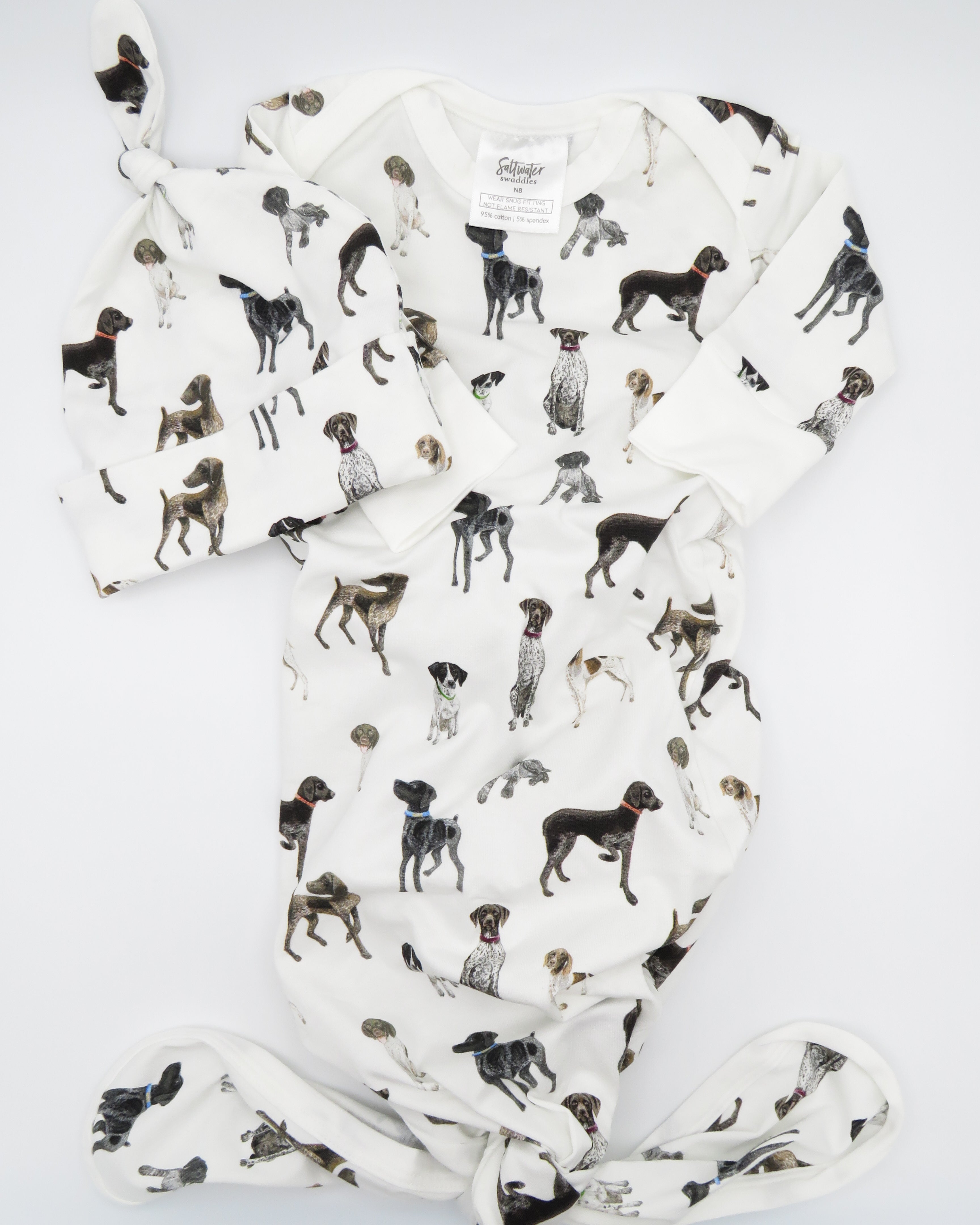 Cozy and soft Newborn gown + hat featuring German Shorthaired Pointer printed on soft white fabric, perfect addition to your hospital bag.